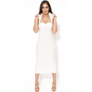 Vamp' white midi bandage dress with high collar
